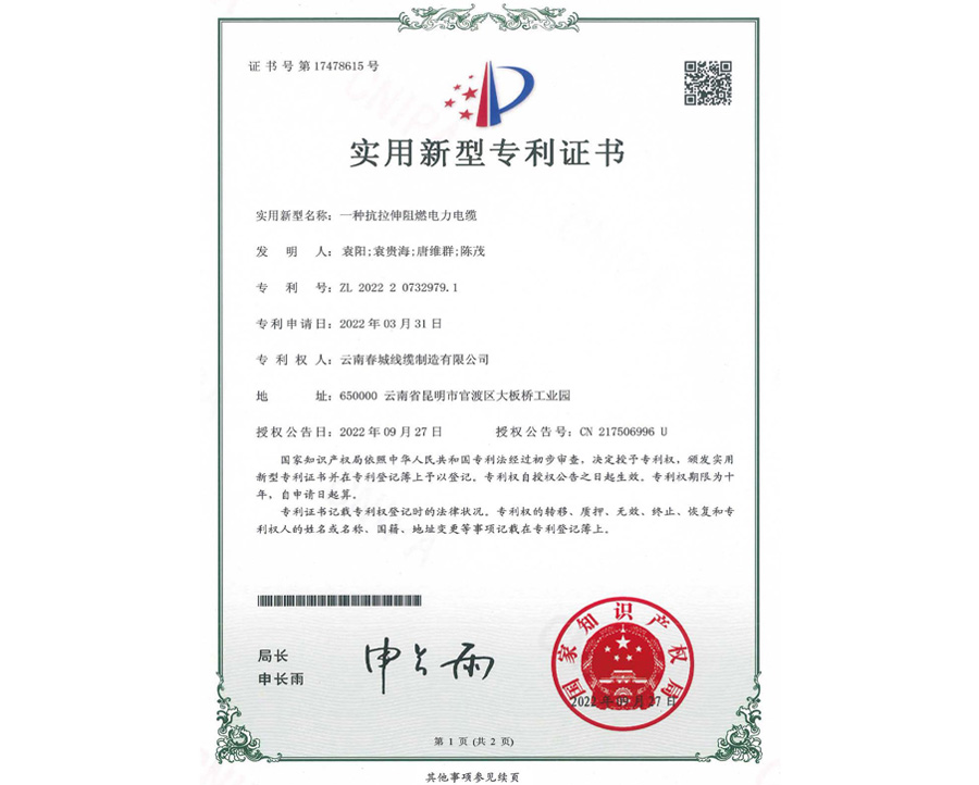 實(shí)用新型專利證書(shū)